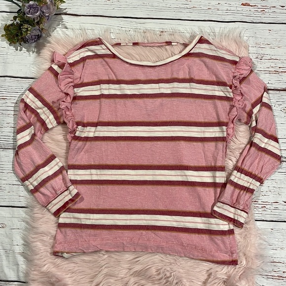 Anthropologie Pilcro Ruffled Open Back Pink Stripe Long Sleeve Cotton Top - Picture 2 of 12